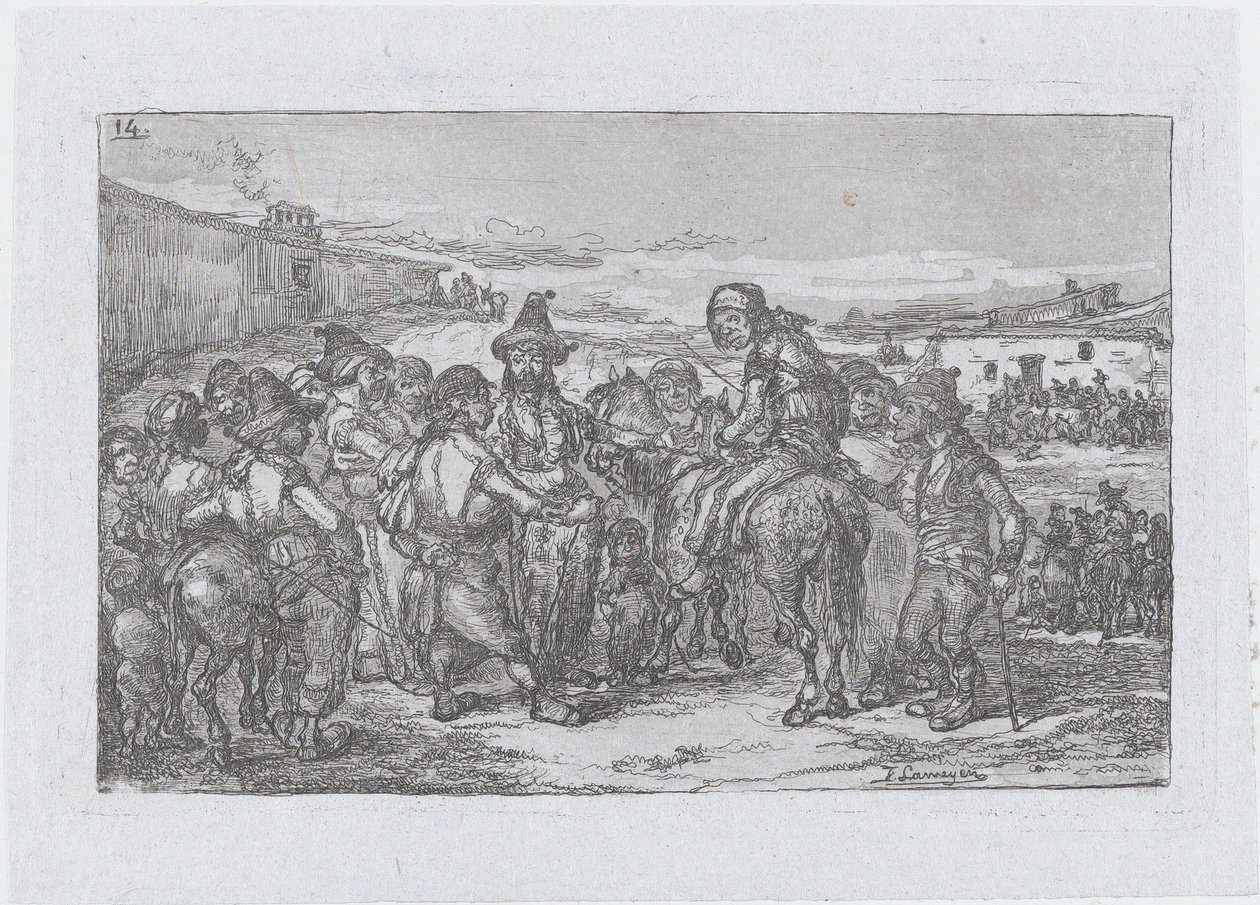 Plate 14: a large group of people outdoors, possibly a troupe of actors, from the series by Francisco Lameyer Berenguer