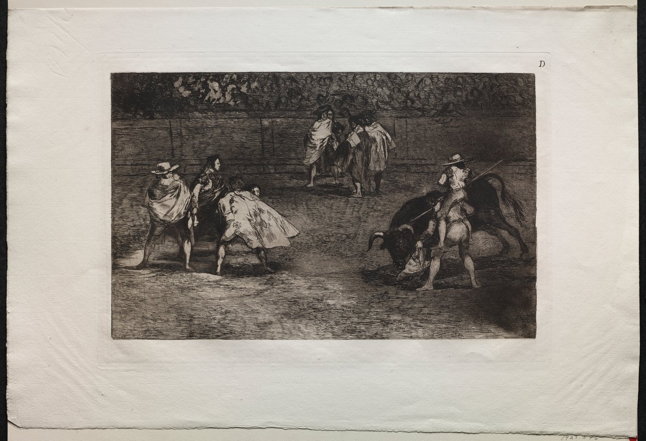 Bullfights: A Bullfighter Mounted on the Shoulders of an Assistant, Spearing a Bull by Francisco de Goya