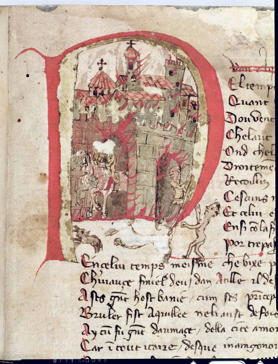Historiated initial depicting Attila the Hun burning the city of Aquila from The War of Attila by Nicola da Casola by Franco Italian School