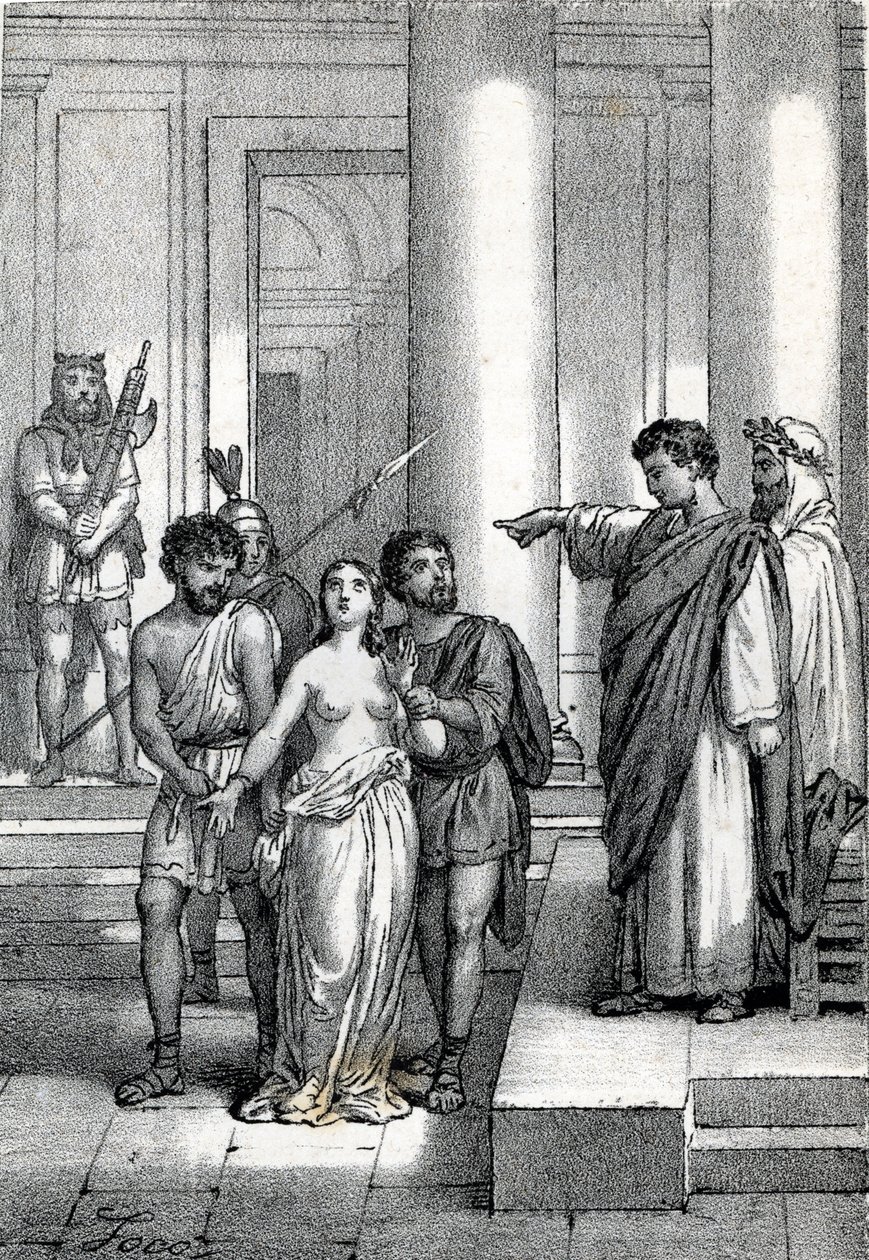 Agnes of Rome brought naked through the streets to a brothel, drawing from 