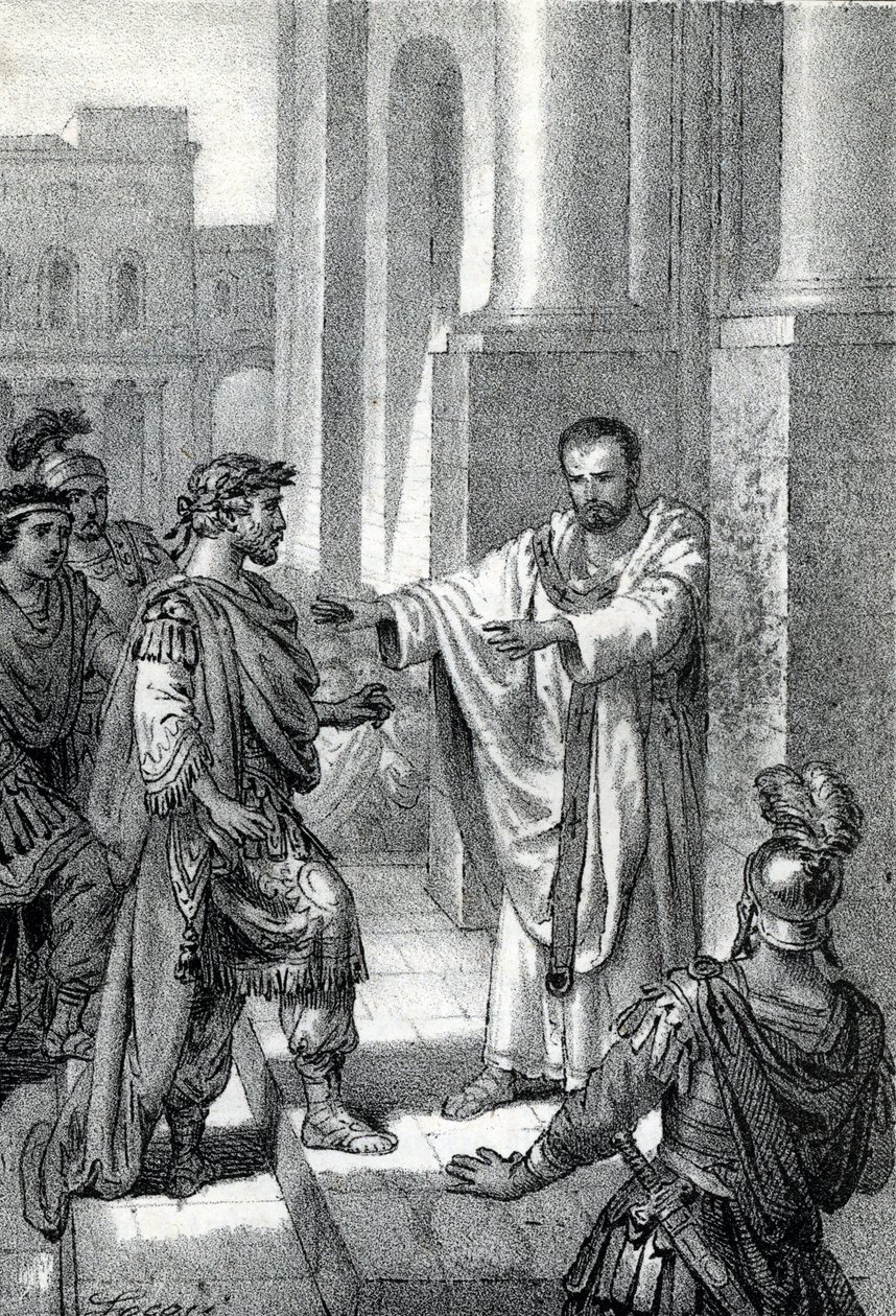 Saint Ambrose of Milan prohibited the entrance of the church to Roman Emperor Theodosius I to punish him for the massacre of Thessalonica in 390 by Franco Mistrali