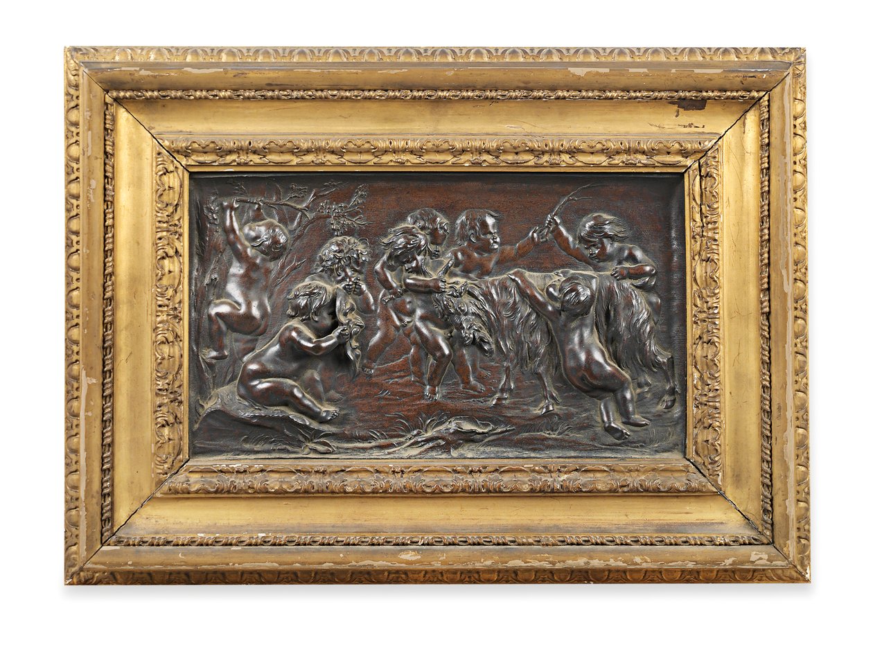 Rectangular Bronze Relief of Bacchanalian Infants Playing with a Goat by Francois (after) Duquesnoy