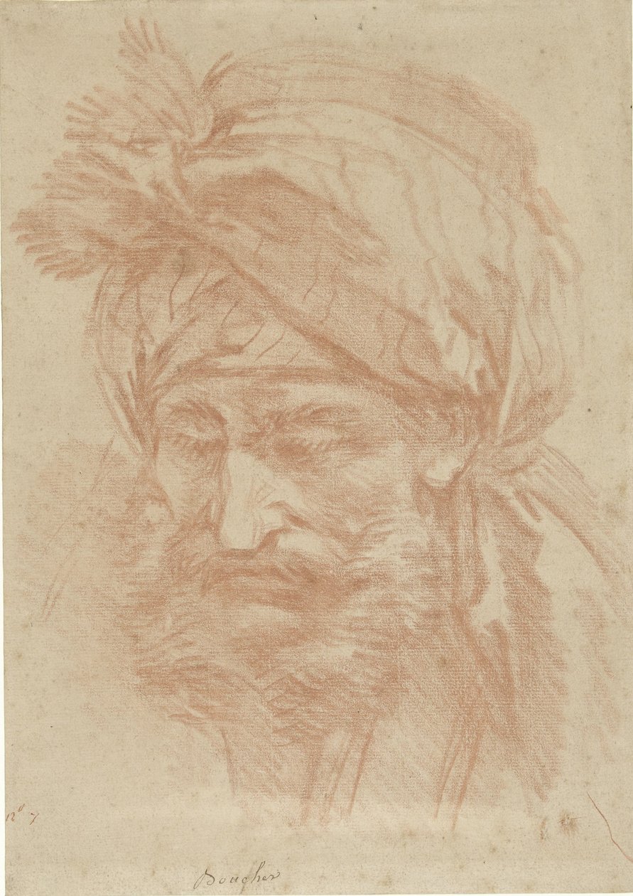 Head of a Bearded Oriental with Turban, Looking Down by François Boucher