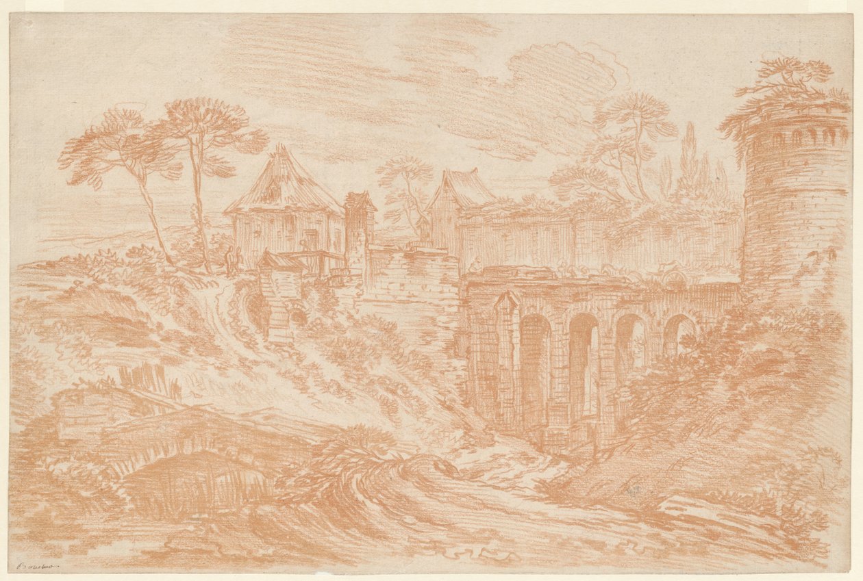 Landscape with Tower and Bridge by François Boucher