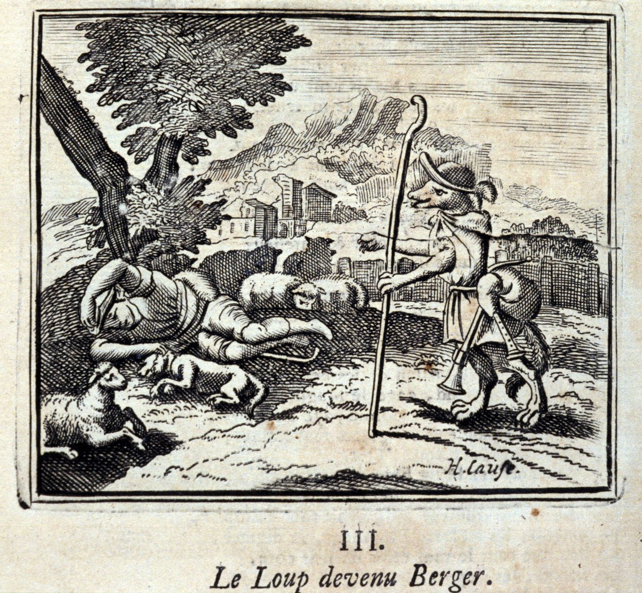 The Wolf Became a Shepherd. Fables by Jean de La Fontaine. Illustration by François Chauveau. Edition of 1728 by Francois Chauveau