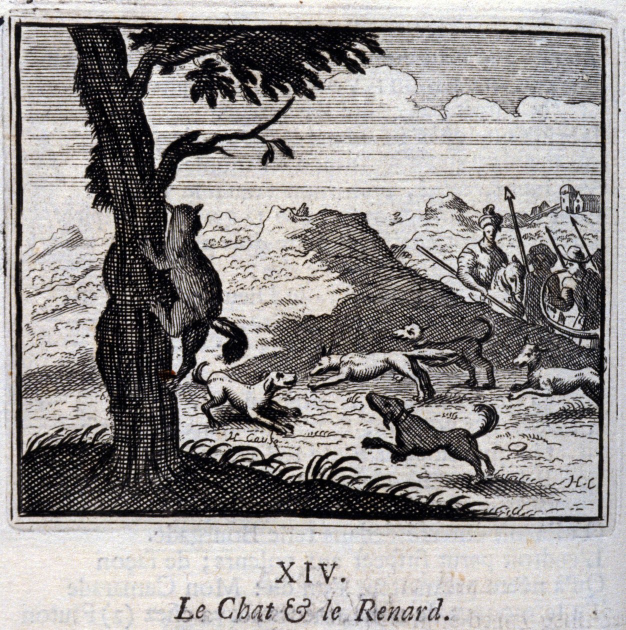 The Cat and the Fox. Fables by Jean de La Fontaine. Illustration by François Chauveau. Edition of 1728 by Francois Chauveau