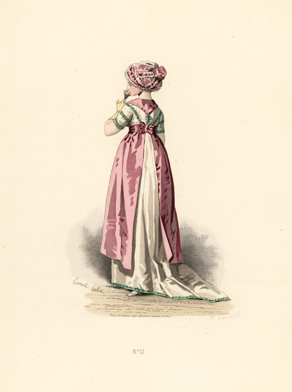Woman in White Dress and Corsage with Green Trim, Pink Apron by Francois Claudius (after) Compte Calix