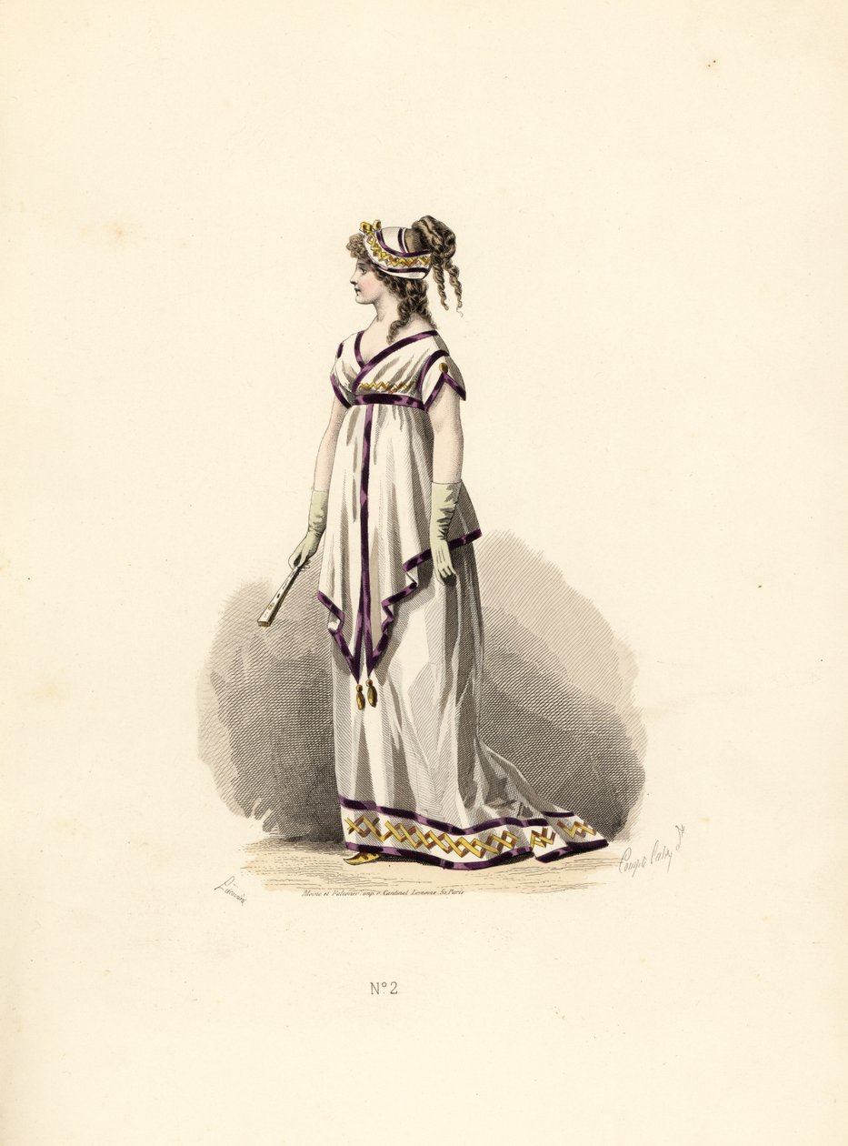 Woman in white tunic dress trimmed with lilac velvet by Francois Claudius (after) Compte-Calix