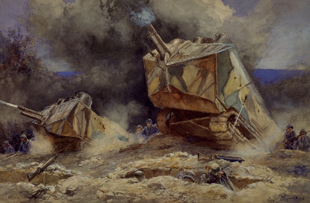 Attack on infantry and tanks in Saint Chamond, July 1918 by Francois Flameng