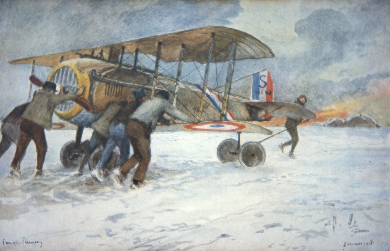 Ground Crew and Pilot Manhandle a French Spad Fighter Through the Snow ...