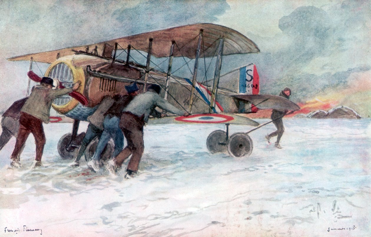 Ground Crew Attending to a French Spad on a Snow-Covered Field, 1918 by Francois Flameng