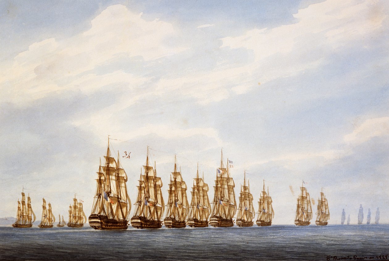 Departure of squadron of nine ships, three frigates and three corvettes, watercolor by Francois Roux, France by Francois Geoffroy Roux