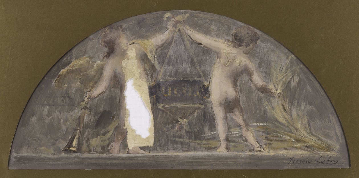 Sketch for the dining room of the Hôtel de Ville de Paris, one child holding a trumpet and the other a sheaf lifting a large box by Francois Lafon