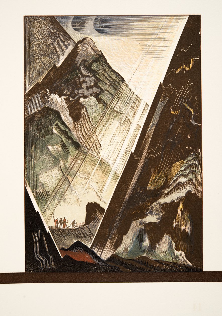 Prometheus being nailed to the Rock by Hephaestus, Kratos and Bia, from Prometheus Bound by Aeschylus, pub. 1941 by Francois Louis Schmied
