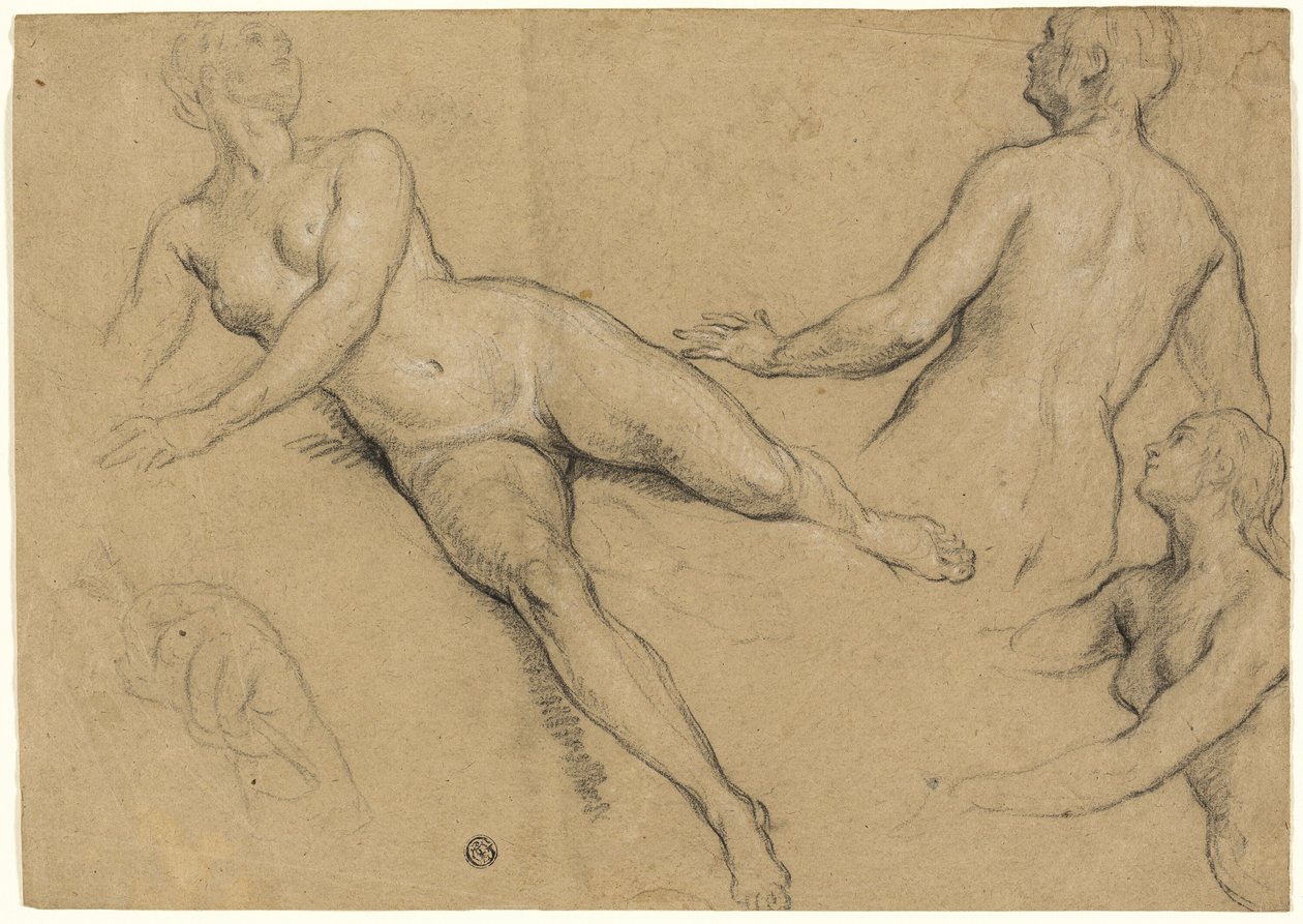 Sheet of Studies: Three Women and a Hand (recto); Sketches of Male Nudes, Heads and Hand (verso) by Francois Marot