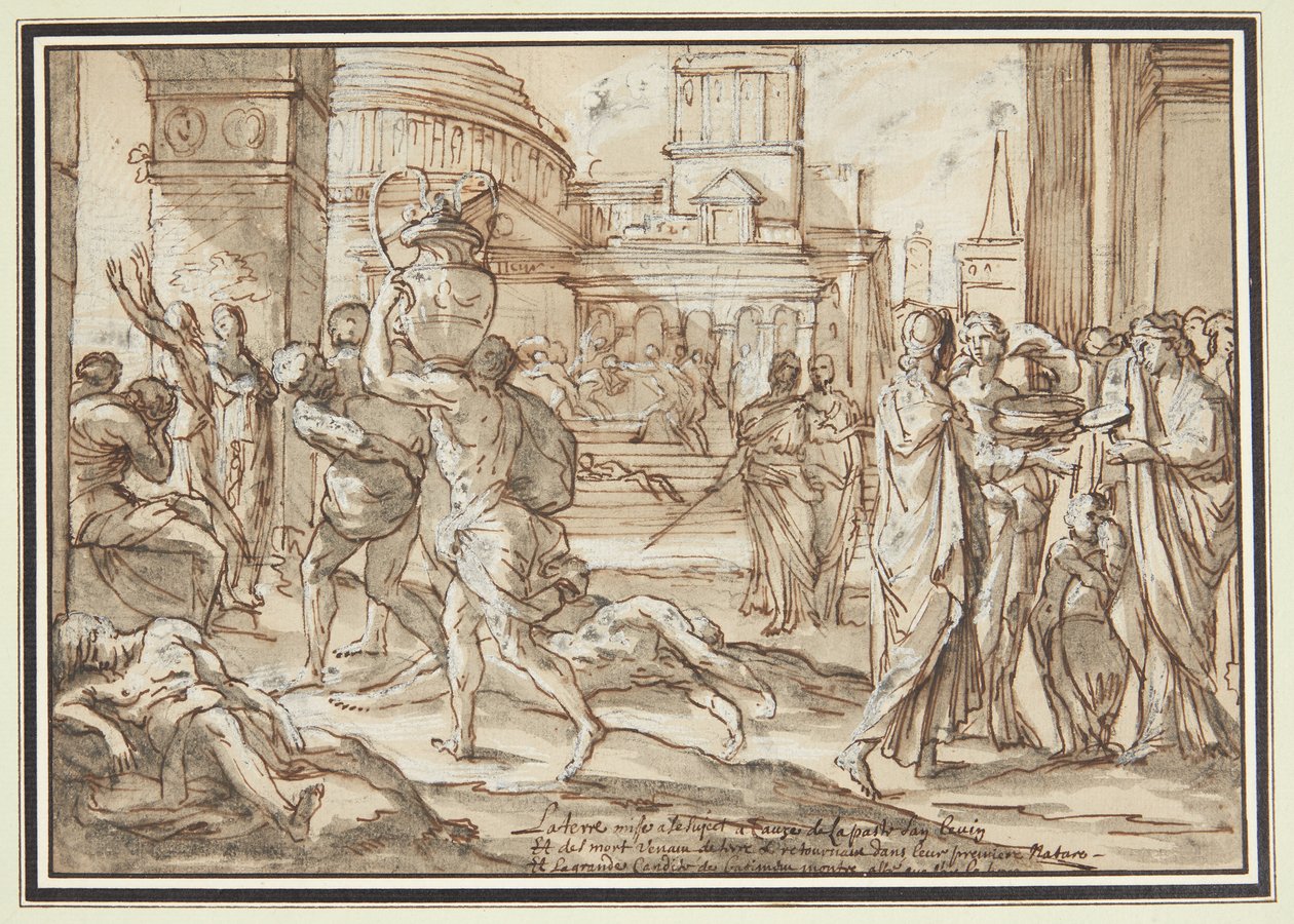 Plundering of a City. A Square Between Large Buildings. In the Foreground on the Left Lie the Dead, Among Them People Carrying Away Treasures. On the Right, a Group of Women with Valuables in Their Hands. Below, an Explanatory Inscription by Francois Perrier
