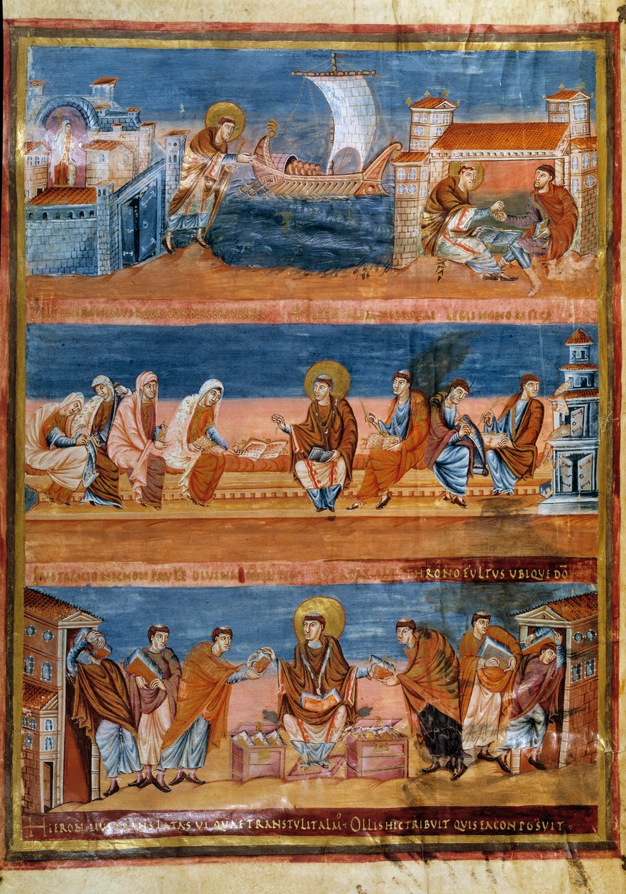 Saint Jerome Leaving Rome and Paying His Teacher in Jerusalem, Working with His Scribes, and Distributing the Vulgate by Frankish School