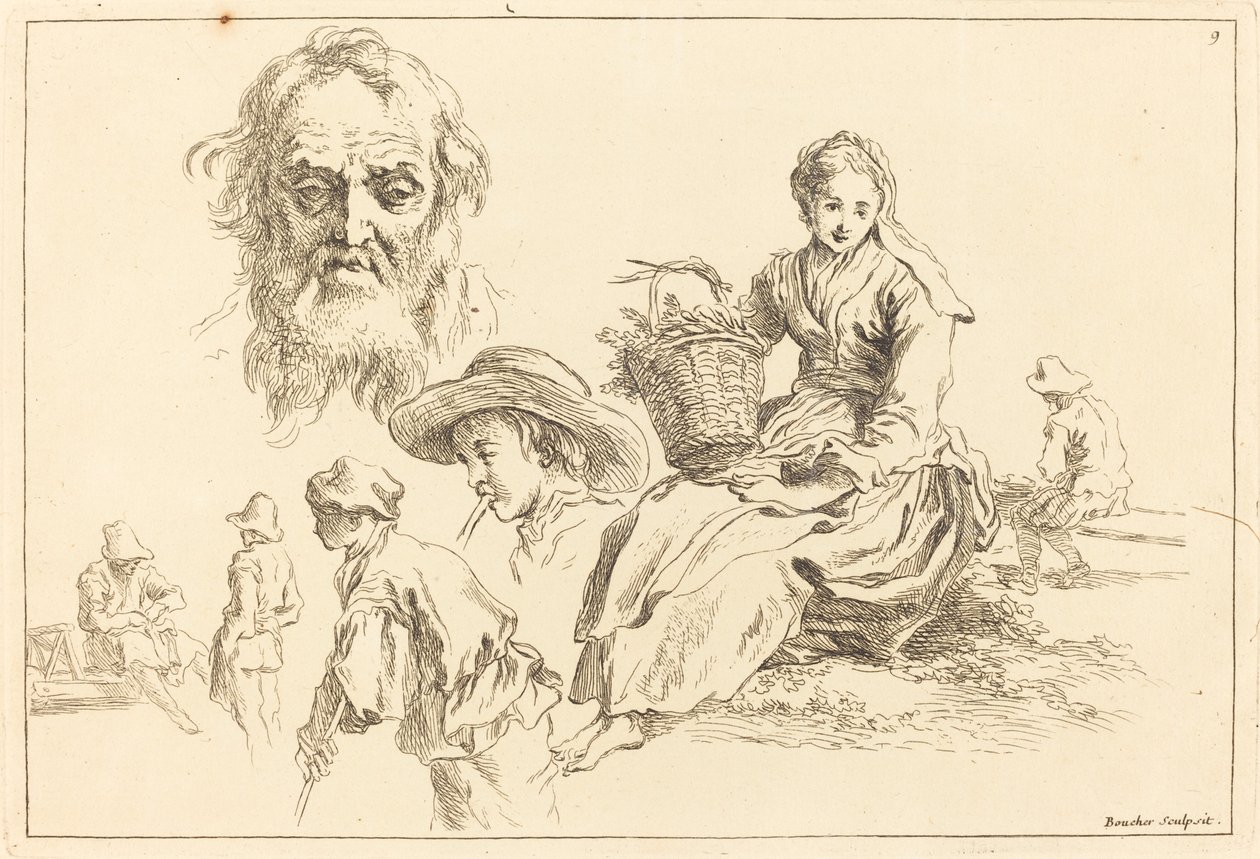 Figure Studies including Bearded Face of an Old Man by François Boucher after Abraham Bloemaert