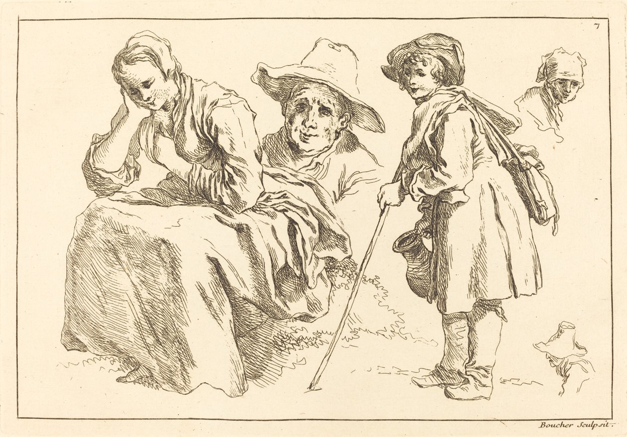 Figure Studies including Standing Boy Holding a Pitcher by François Boucher after Abraham Bloemaert