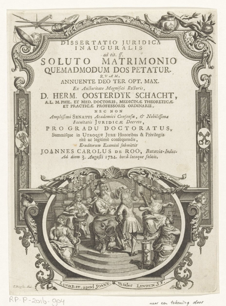 Minerva Crowns Writer (Title Page for: Johannes Carolus de Roo, Dissertatio Juridica Inauguralis, ad tit. ff. soluto matrimonio quemadmodum dos petatur, 1722) by François van Bleyswijck