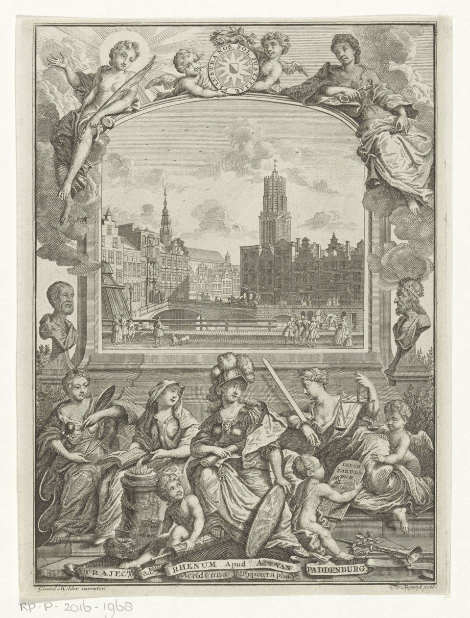 Cityscape with Dom Church in Utrecht and Allegory with Minerva and Virtues by François van Bleyswijck