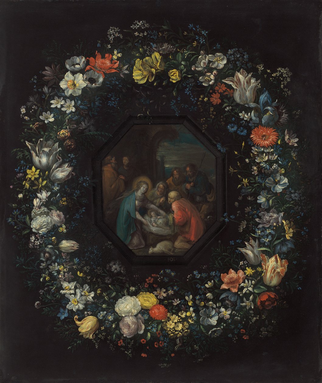 Garland of Flowers with Adoration of the Shepherds, c. 1625-1630 by Frans Francken II