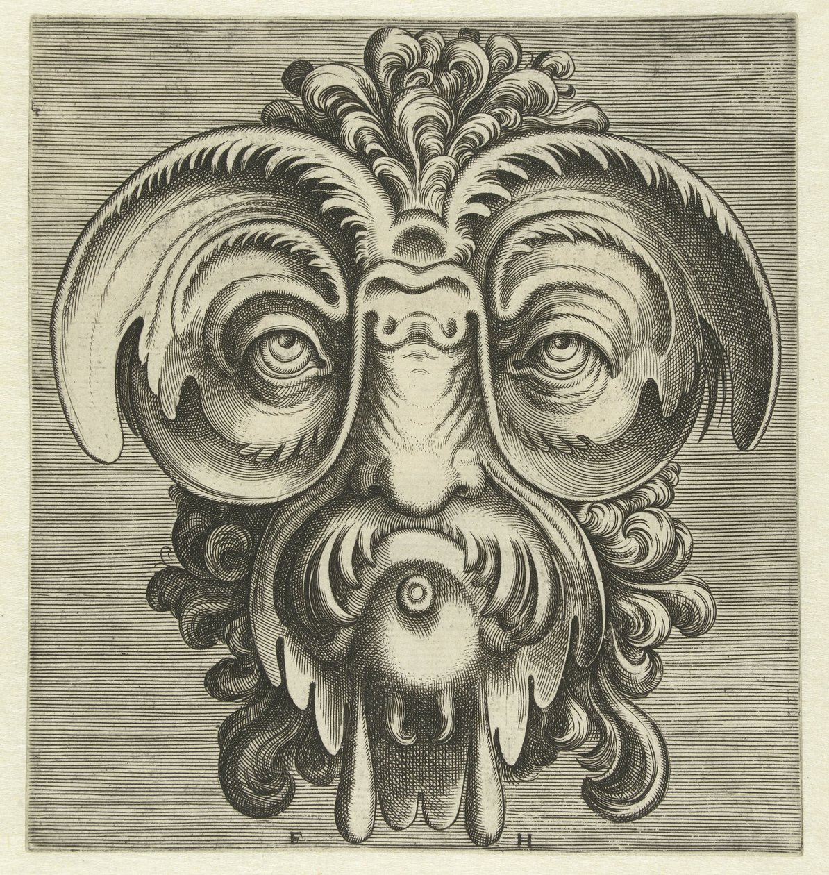 Mask with Dishes Around the Eyes and a Tuft of Curls on the Head (series title: Ingenious Portraiture of Various Types of Masks) by Frans Huys