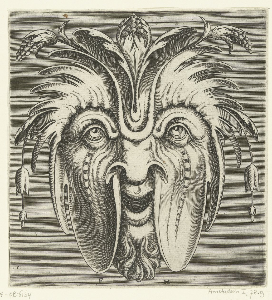 Mask with sagging cheeks and clusters of berries in the hair (series title) by Frans Huys