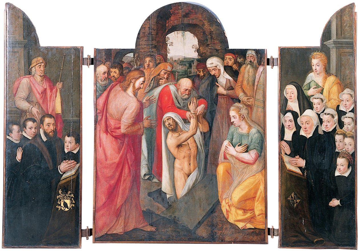 Triptych: The Raising of Lazarus on the Central Compartment with a Kneeling Male Donor, Presented by St. Jacob and His Sons on the Left Wing, His Wife Kneeling, Presented by St. Catharine and Her Daughters on the Right Wing by Frans I Pourbus