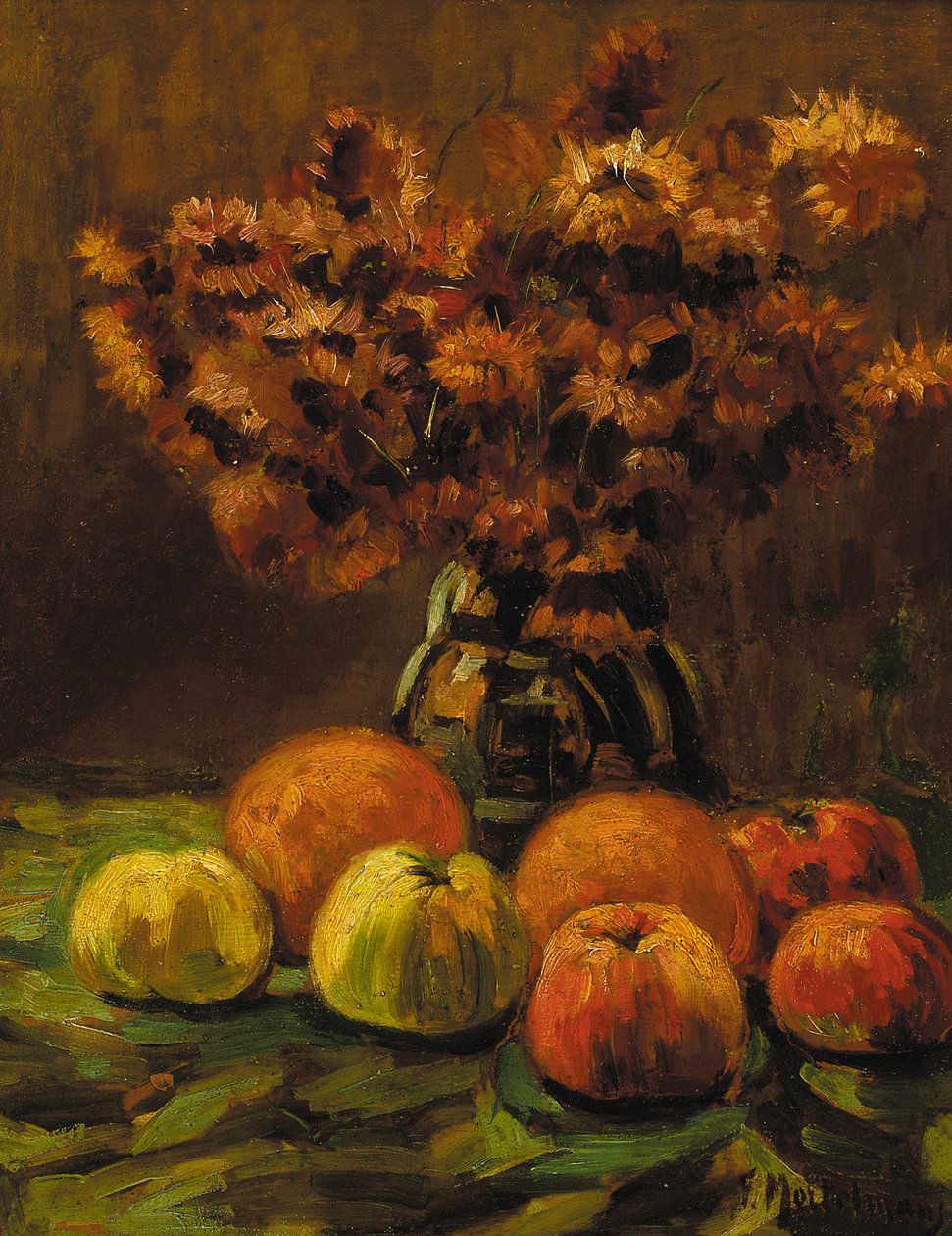 Apples, oranges and a vase of flowers on a table by Frans Mortelmans
