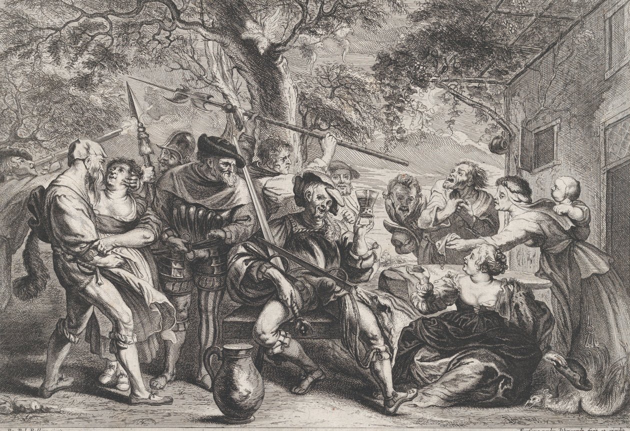 Don Quixote and troops of La Santa Hermandad outside a tavern by Frans van den Wyngaerde