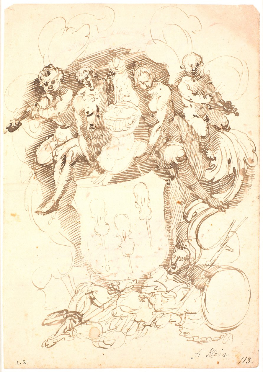 Heraldic Composition: Coat of Arms with Three Inverted Violins, Dog-Crowned Helmet, Surrounded by Two Figures and Two Violin-Playing Putti, All Resting on a Reclining Male Figure (Neptune?) by Frantz Cleyn