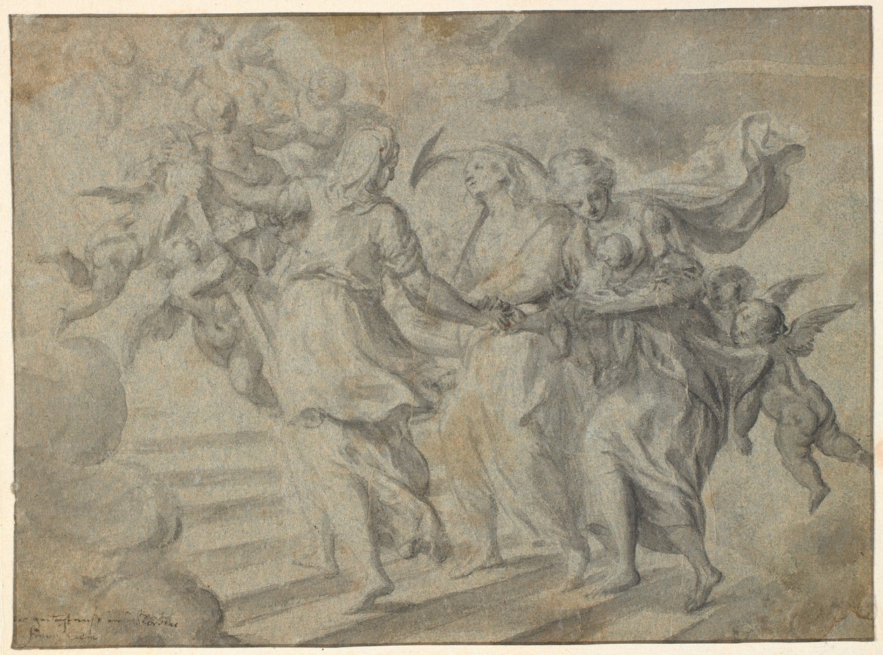 Religious Composition: Three Women Carrying a Child Up a Staircase, Towards a Group of Floating Angels with a Cross by Frantz Cleyn
