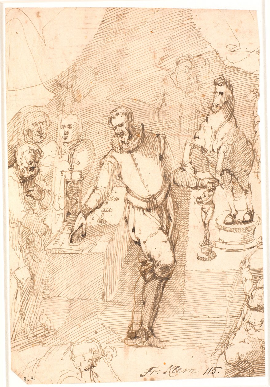 Standing Man in 16th Century Costume, in a Room, Between Two Tables with Sculptures and a Clock, Coins, etc., and Seven or Eight Other People by Frantz Cleyn