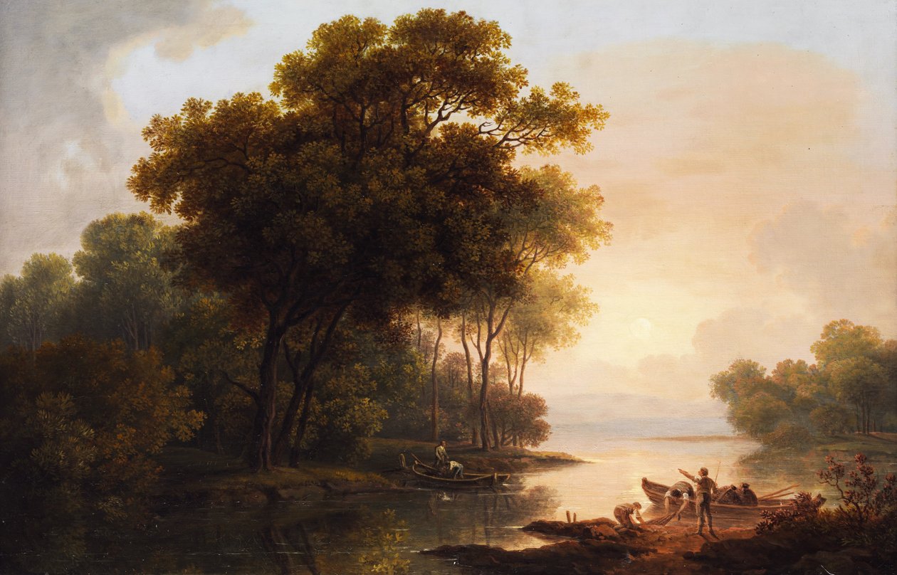 Tree Landscape with View of a Lakeshore in Hazy Late Light by Franz Scheyerer