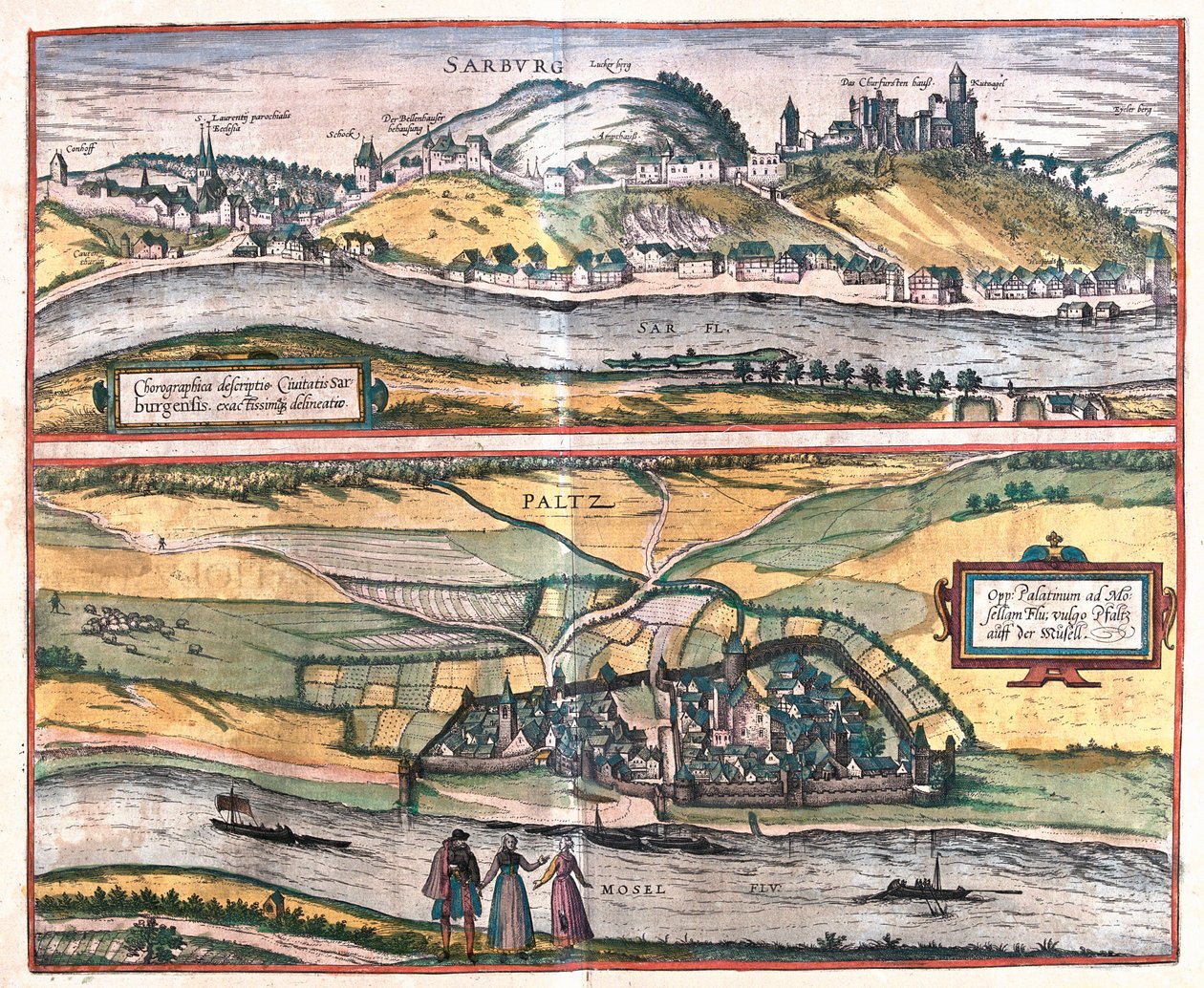 Accurate overview of the town of Saarburg and the town of Pfaltz an der Mosel, Germany by Franz Hogenberg