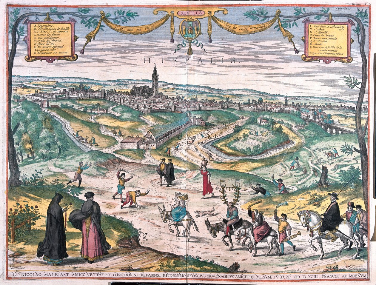 Seville, Spain. With a punishment scene: a procuress or an adulteress, has been smeared with honey and is swarming with bees. The cuckold follows behind, wearing antlers and a string of bells. The procession is accompanied by magistrates (engraving) by Franz Hogenberg