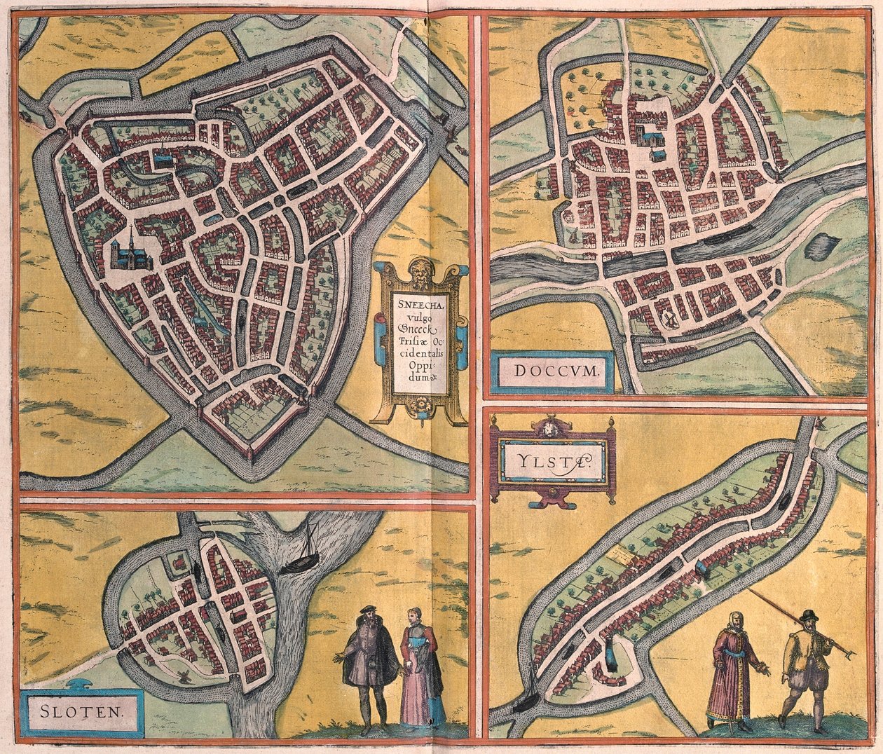 Sneek, Dokkum, Sloten, Ijlst, Netherlands (engraving) by Franz Hogenberg