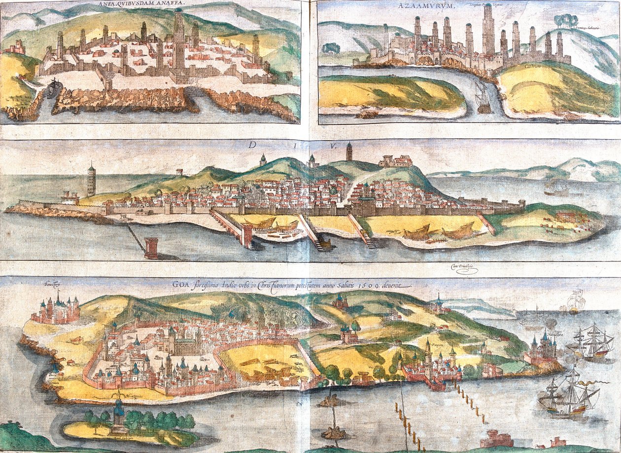 Views of Casablanca and Azemmour in Morocco, Diu and Goa (India) by Franz Hogenberg