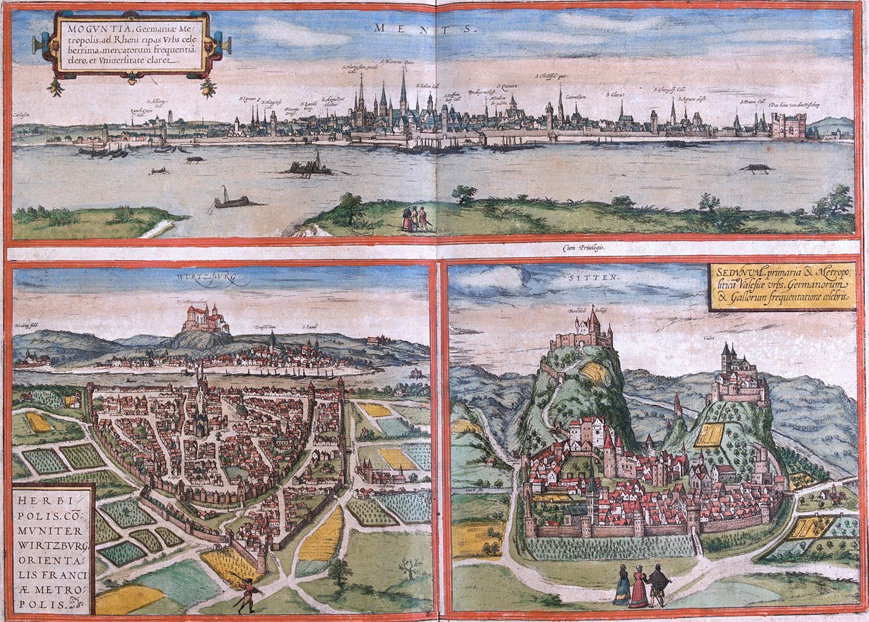 Views of Mainz, Würzburg, Germany and Sion in Switzerland by Franz Hogenberg
