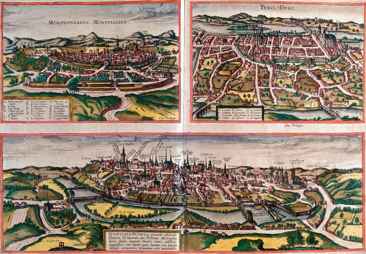 Views of Montpellier (Monspessulanus), Tours (Turo) and Poitiers (Pictavis), France by Franz Hogenberg