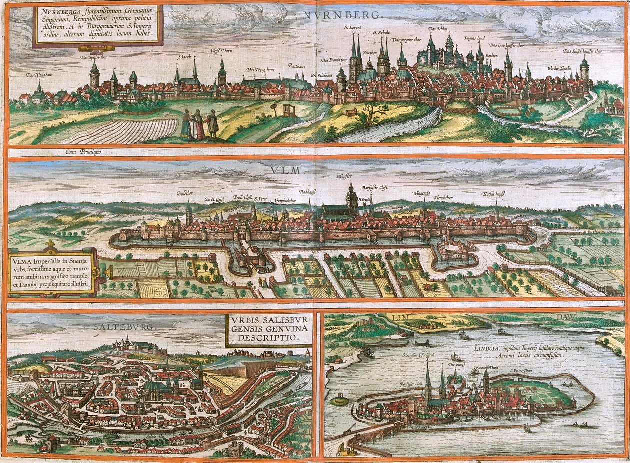 Views of Nuremberg (Nurnberga), Ulm (Ulma), Lindau (Lindola), Germany and Salzburg (Salisburgensis) in Austria by Franz Hogenberg