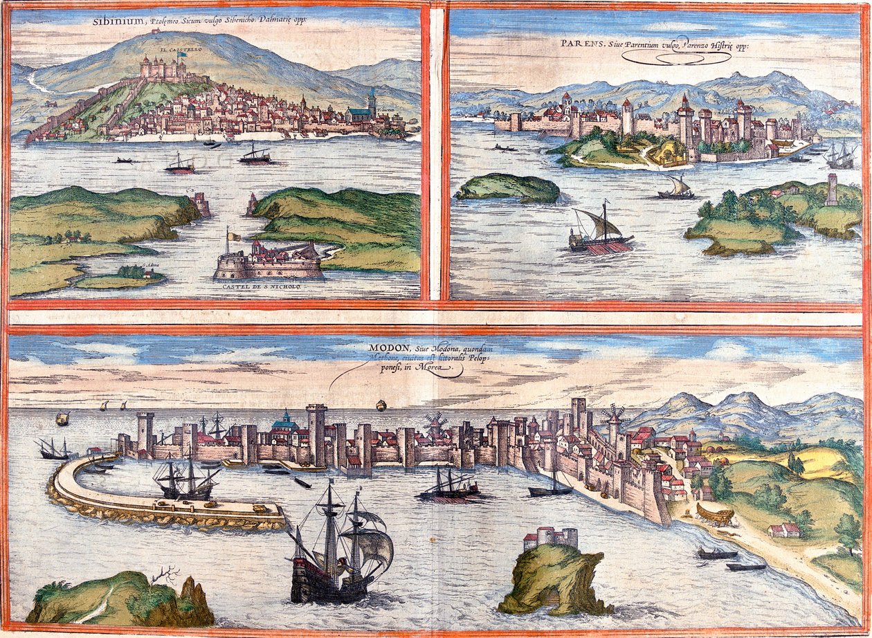 Views of Sibenik (Sibinium, Sibenicho), Porec (Parens, Parentium), Croatia and Modon (Modona), Greece by Franz Hogenberg