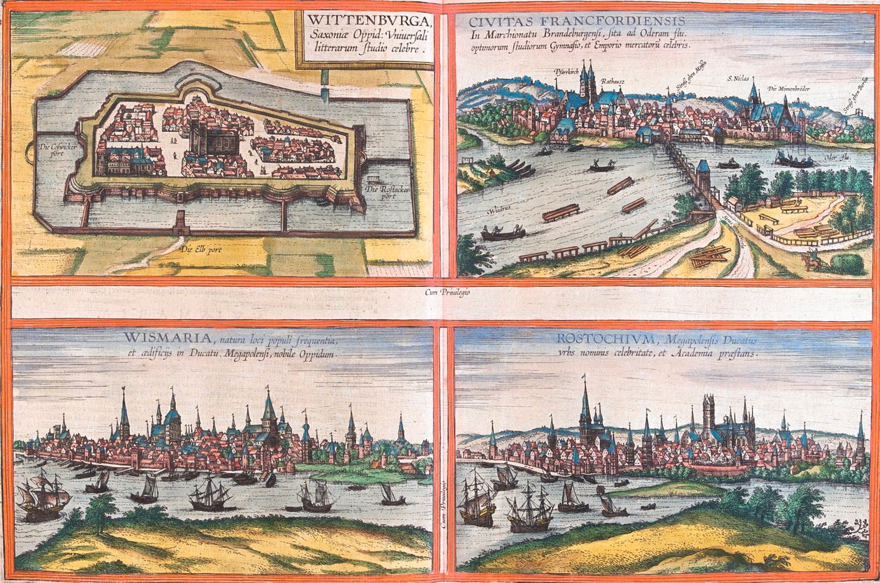 Views of Wittenburg, Frankfurt, Wismar and Rostock, Germany by Franz Hogenberg