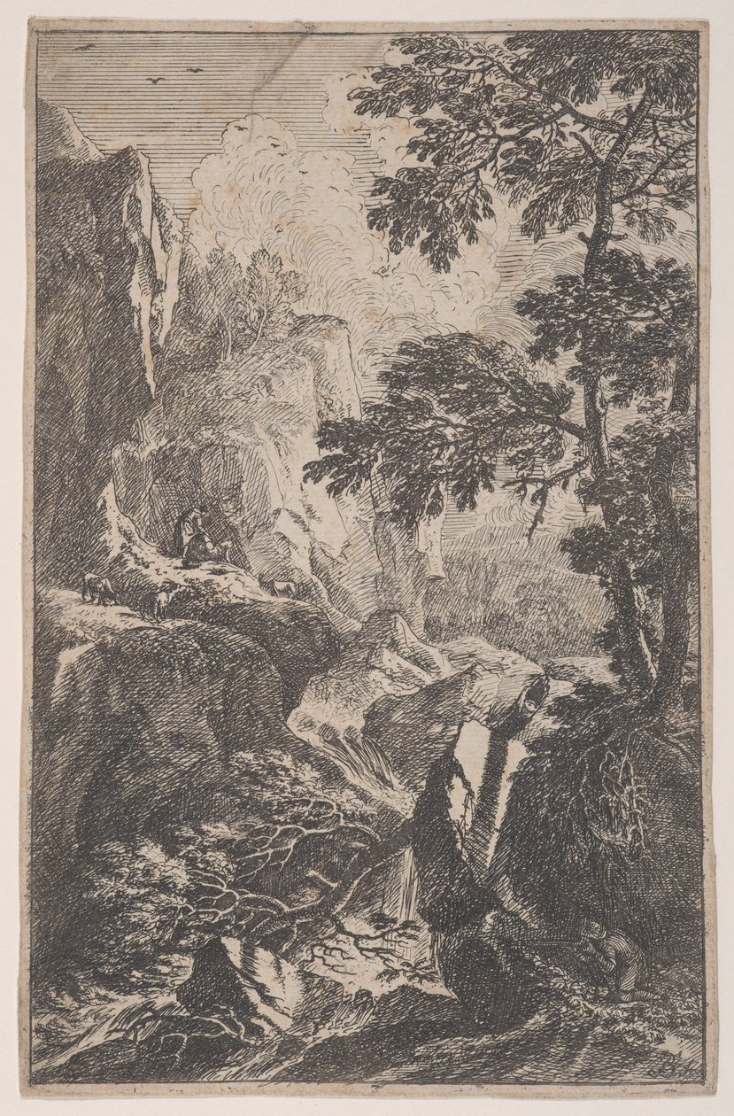 Plate 2: a hunter aiming with his gun, kneeling next to a large rock at right, a man by Franz Joachim Beich
