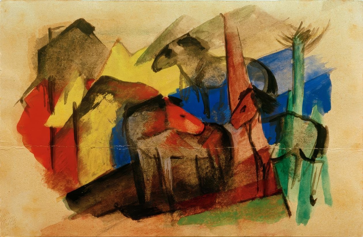 Three Horses in Landscape with Houses by Franz Marc