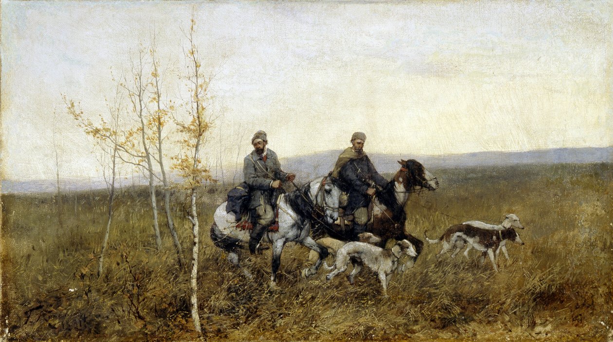The Hunters - Painting by Franz Roubaud (Oil on Canvas) by Franz Roubaud