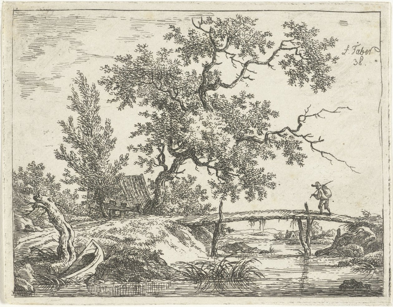 Landscape with Man on Bridge by Frédéric Théodore Faber