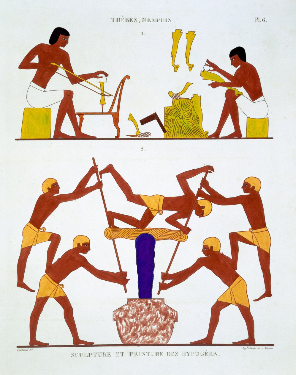 Carpentry and Dyeing ClothYarn, from a Rare Record of Frescoes from Thebes, recorded 1819-1822 on his second visit to Egypt by Frederic Cailliaud (1787-1869) by Frederic Cailliaud