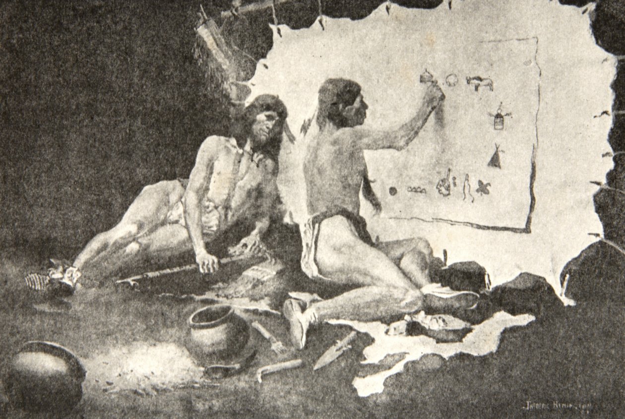 Such as these the shapes they painted, On the birch-bark and the deer-skin, from The Song of Hiawatha by Henry Wadsworth Longfellow, pub. by George G. Harrap and Company Ltd., 1911 by Frederic Remington